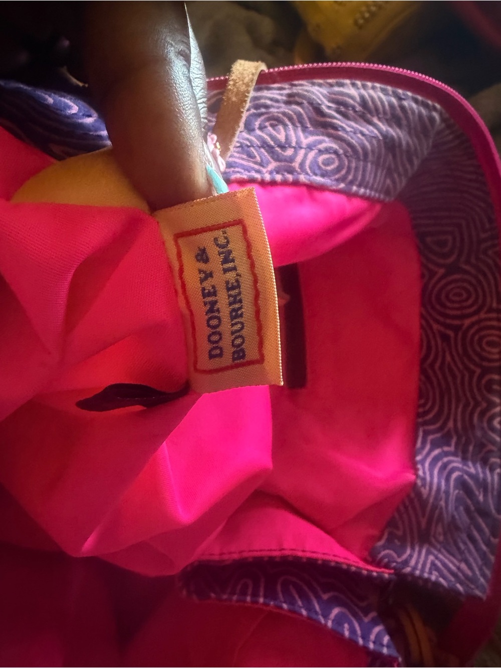 Dooney & Bourke Purple Tote with Pink Pattern and Tan Handles - Picture 5 of 6